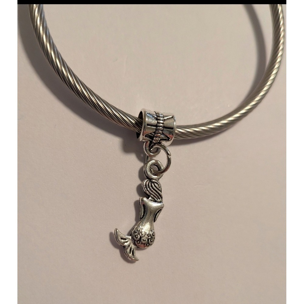 Silver Mermaid Charm Cable Wire Bangle Bracelet Nautical Sea Theme Jewelry